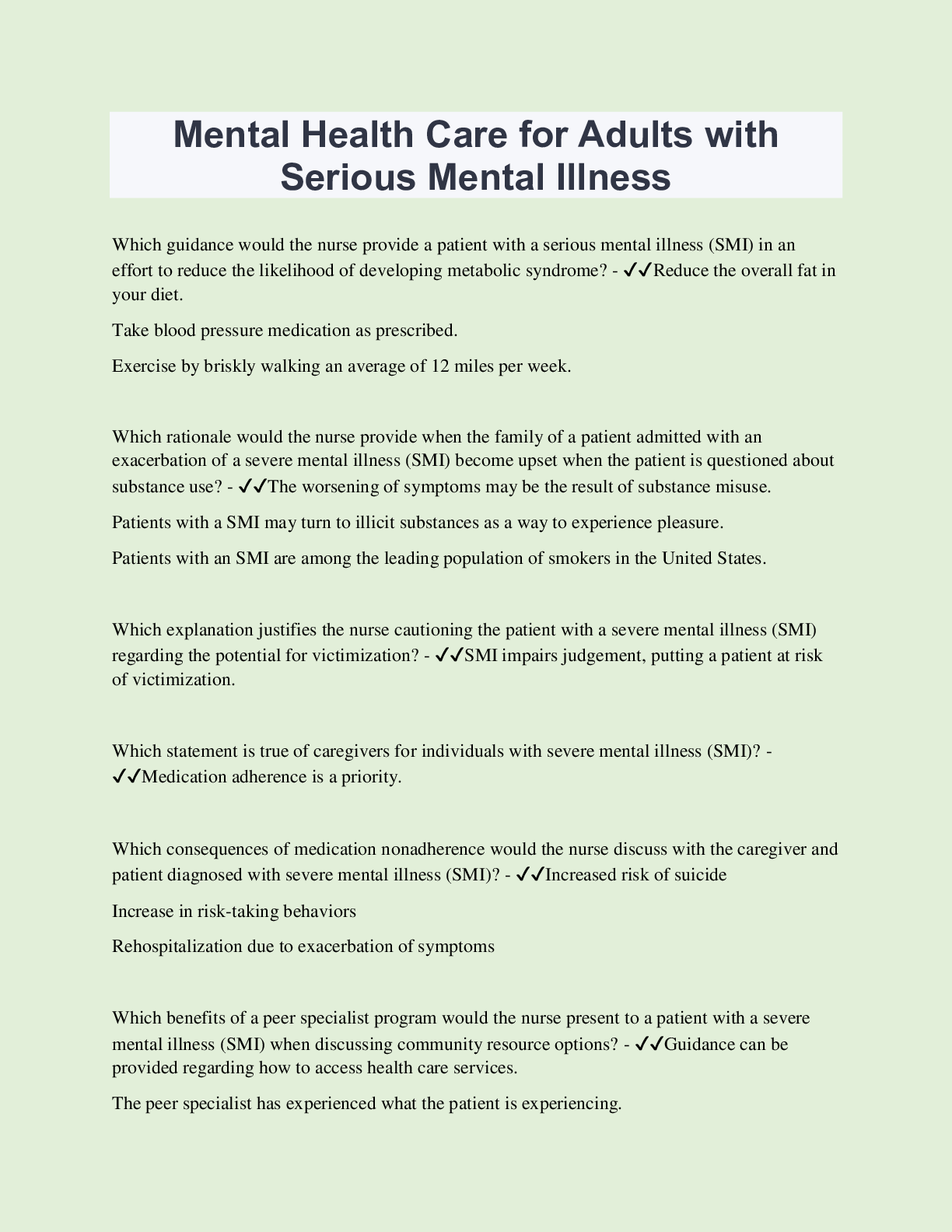 Mental Health Care for Adults with Serious Mental Illness Questions